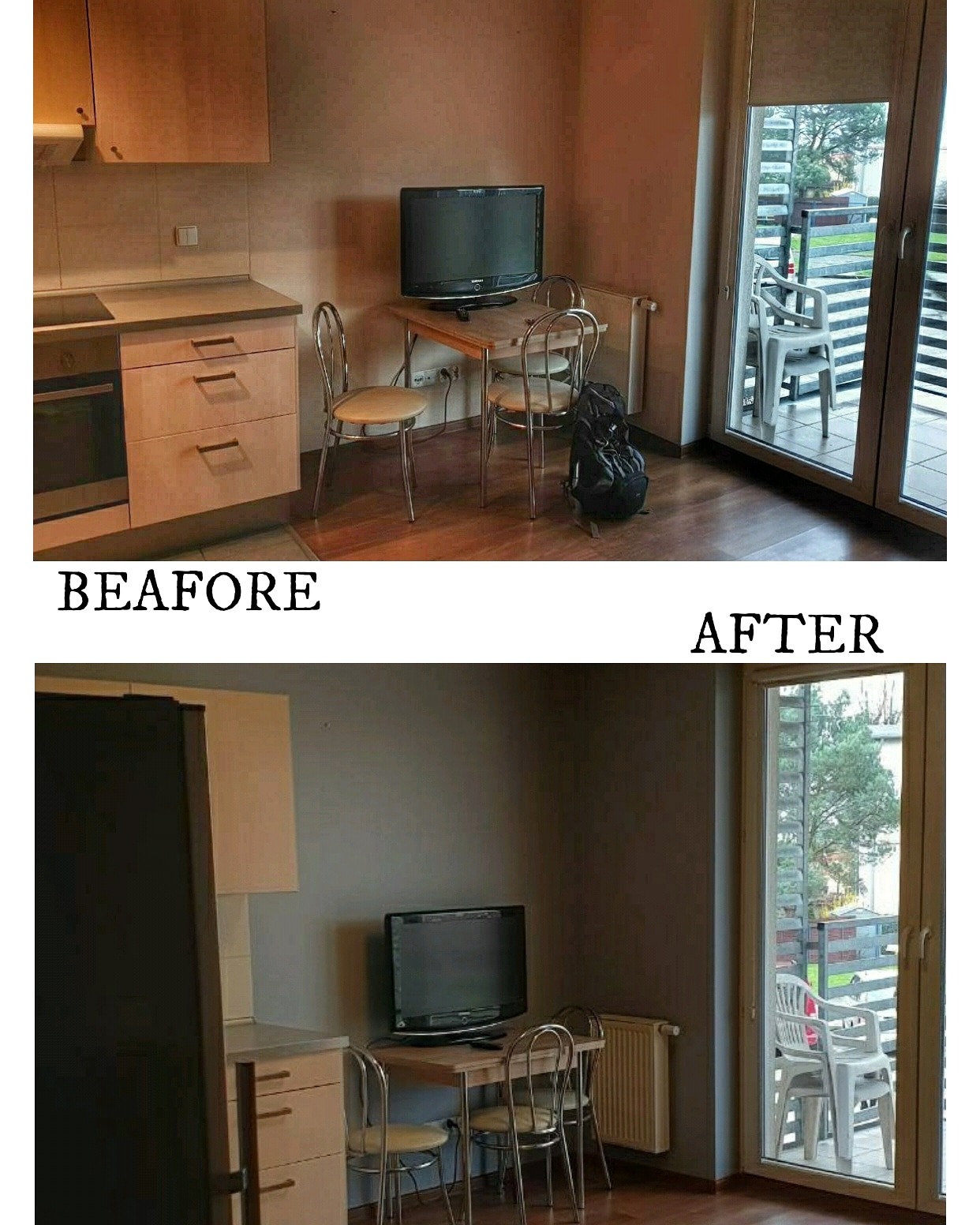Zdjęcie 'przed i po' przedstawia odnowione wnętrze mieszkania: ściany pomalowane na szaro, widoczna kuchnia i balkon z plastikowymi krzesłami, poprawione oświetlenie.