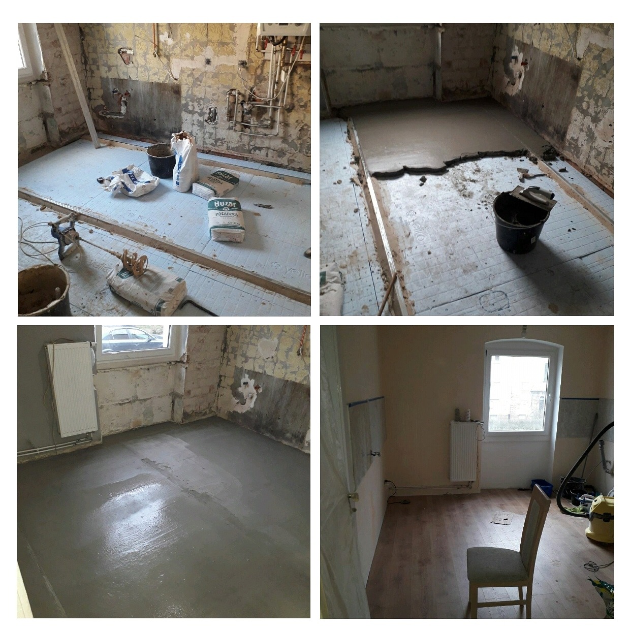 Cztery kadry z remontu pokoju: przygotowanie podłoża z izolacją, wylewka samopoziomująca w trakcie schnięcia, oraz pokój po remoncie z panelami i pomalowanymi ścianami.