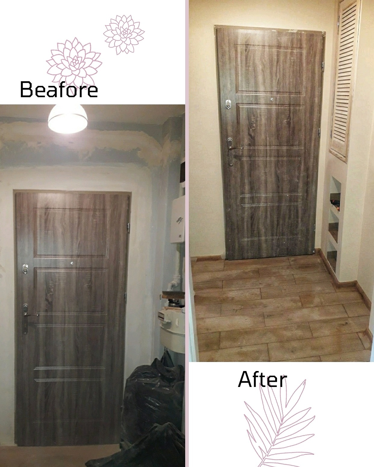 Porównanie stanu przed i po remoncie: montaż drzwi wejściowych o drewnianym wzorze i układanie płytek podłogowych imitujących drewno w korytarzu.