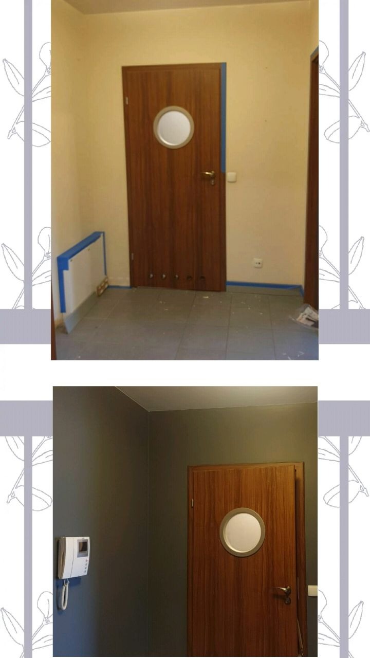 Wnętrze pomieszczenia w trakcie odświeżania, z widoczną drewnianą, okrągłą szybą w drzwiach, zabezpieczonym grzejnikiem i listwami przypodłogowymi taśmą malarską.