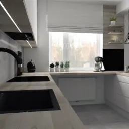 Nowoczesna kuchnia z czarnym zlewem i baterią, blatem imitującym drewno, betonową ścianą, oświetleniem LED pod szafkami, i oknem z roletą rzymską.