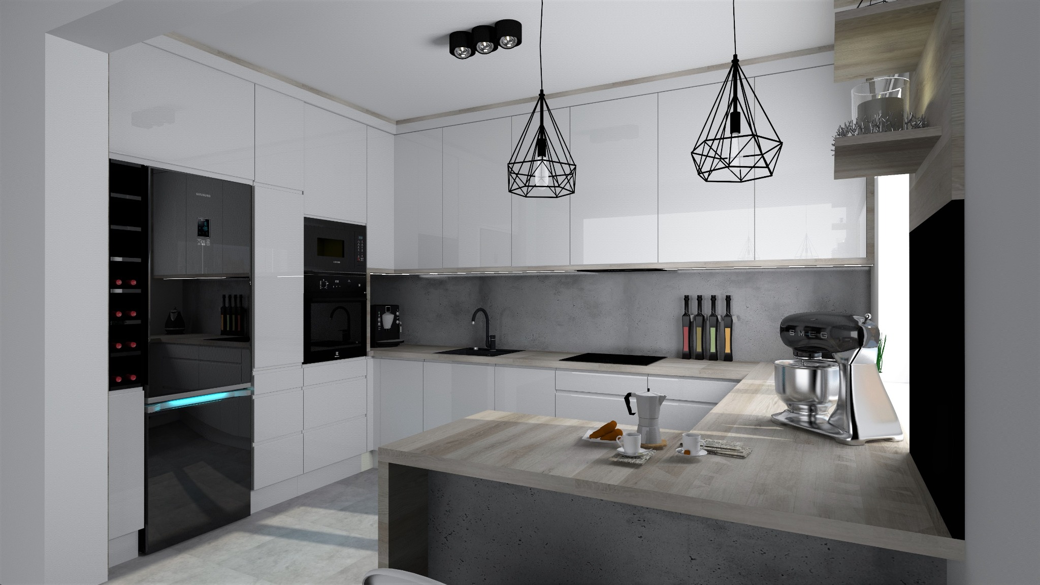 Nowoczesna kuchnia z białymi, błyszczącymi szafkami, drewnianym blatem, czarną lodówką z podświetleniem LED, i designerskimi lampami wiszącymi nad wyspą, na której stoi ekspres do kawy i mikser.