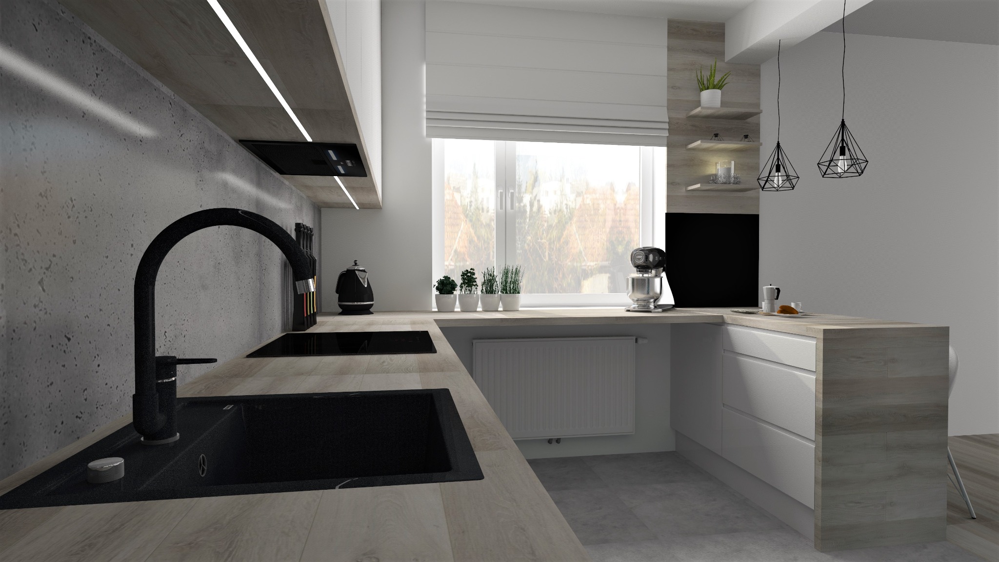 Nowoczesna kuchnia z czarnym zlewem i baterią, blatem imitującym drewno, betonową ścianą, oświetleniem LED pod szafkami, i oknem z roletą rzymską.