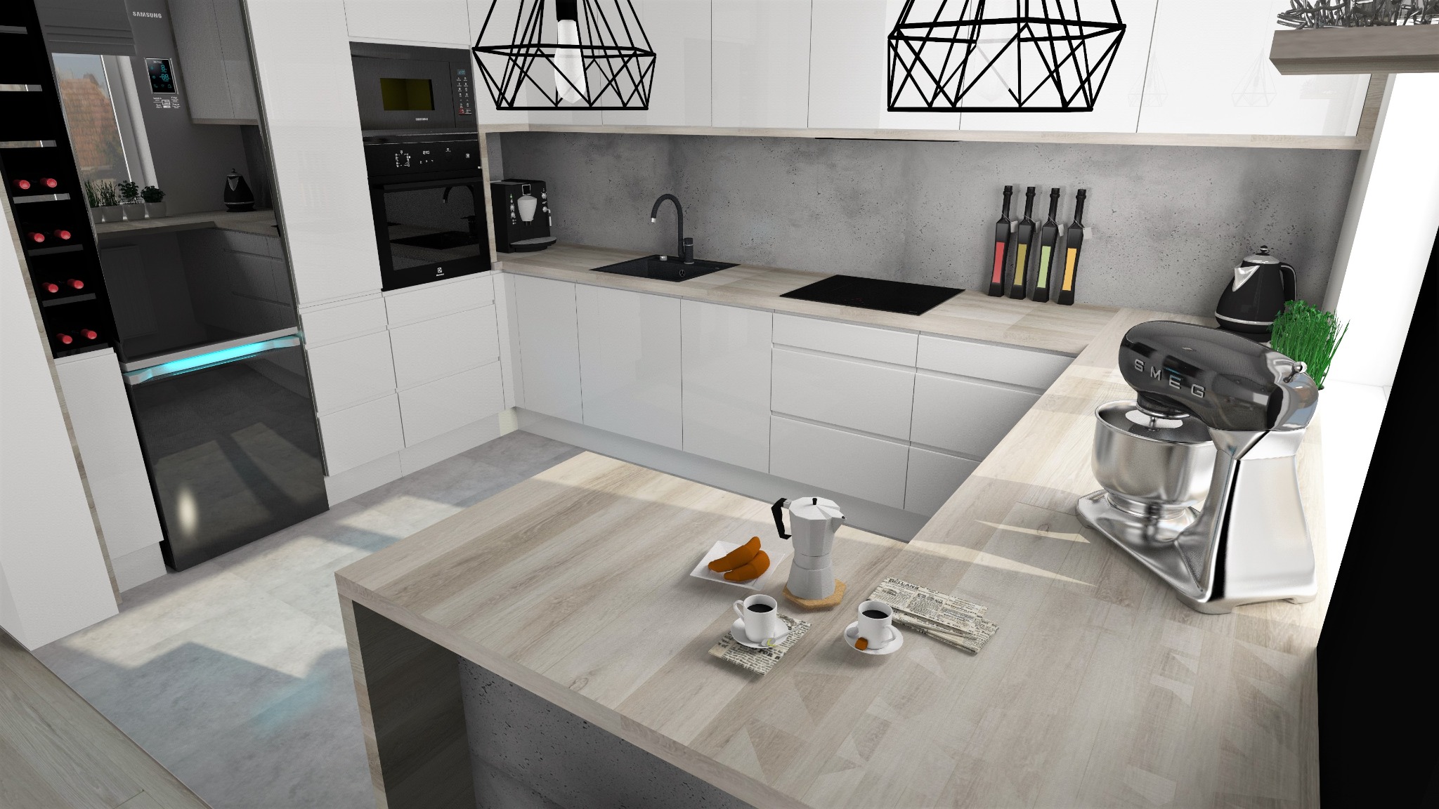 Wizualizacja nowoczesnej kuchni z białymi, błyszczącymi frontami szafek, drewnianym blatem, czarnymi lampami geometrycznymi, ekspresem do kawy, robotem kuchennym Smeg i śniadaniem na blacie.