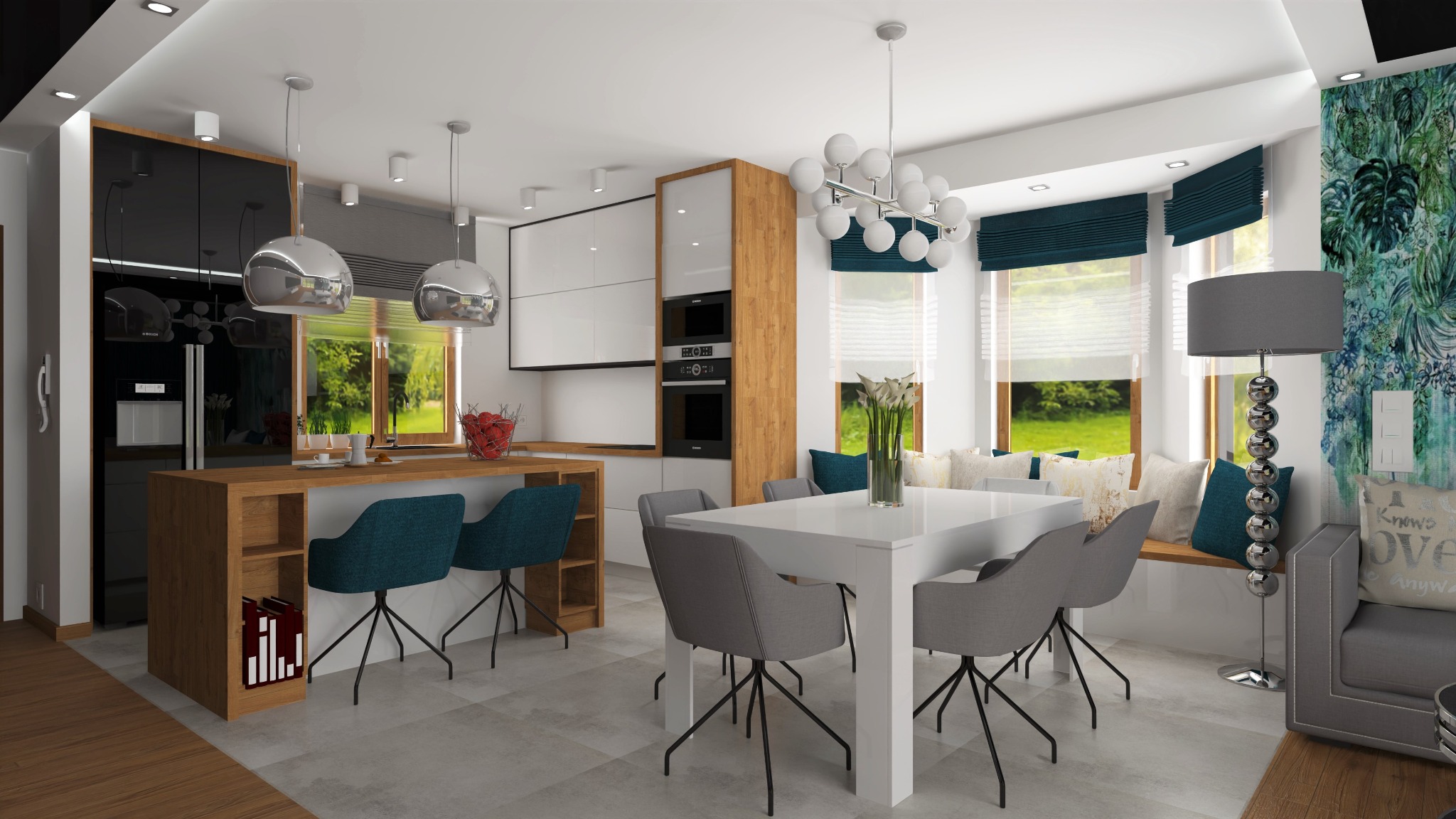 Nowoczesna kuchnia z wyspą i jadalnią: białe szafki, drewniany blat, turkusowe krzesła barowe, szare krzesła przy białym stole, okno wykuszowe z turkusowymi roletami rzymskimi, lampa podłogowa...