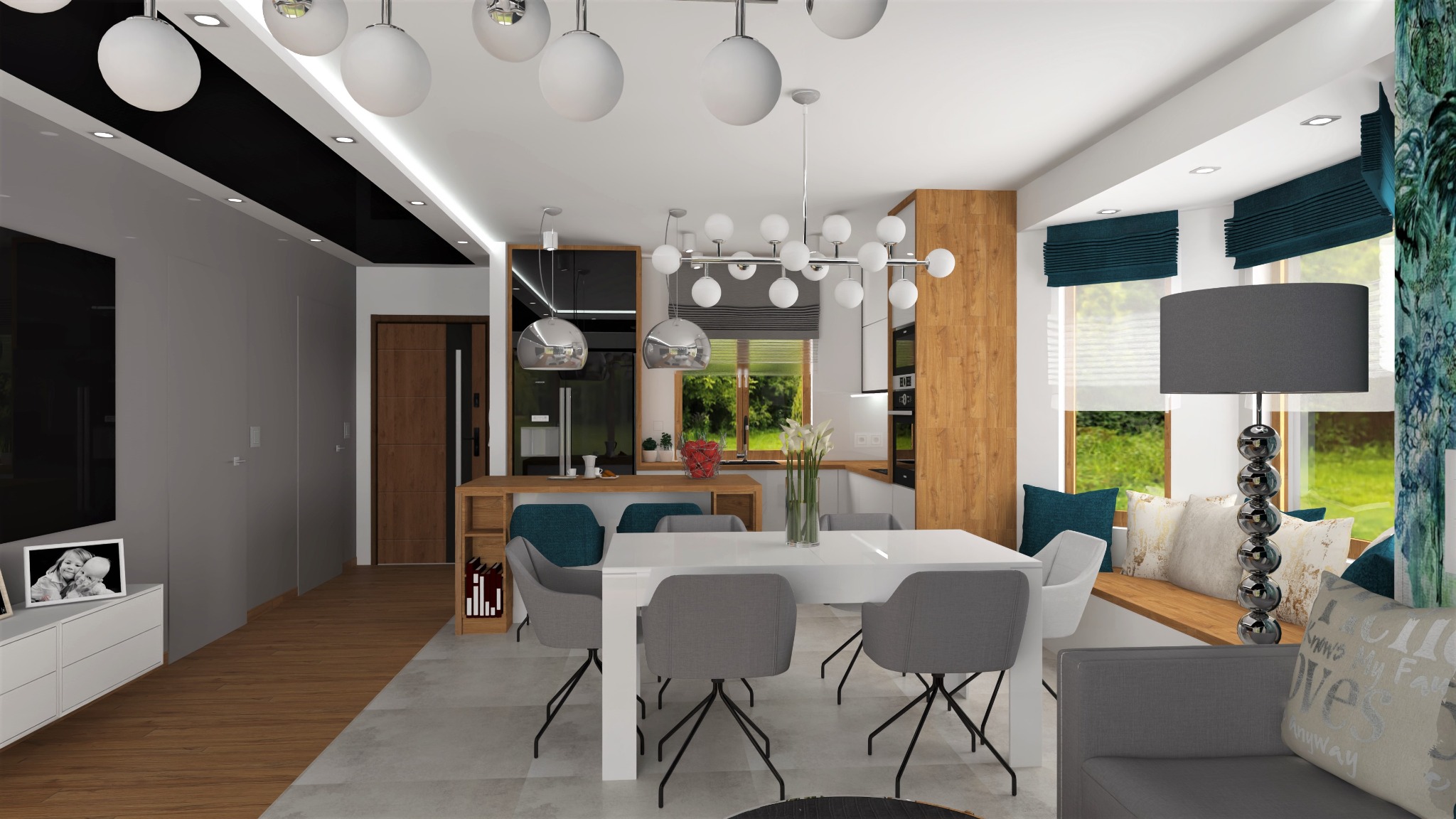 Wizualizacja nowoczesnego wnętrza z otwartą kuchnią, jadalnią z białym stołem i szarymi krzesłami, oraz strefą wypoczynkową z oknem wykuszowym i turkusowymi roletami rzymskimi.