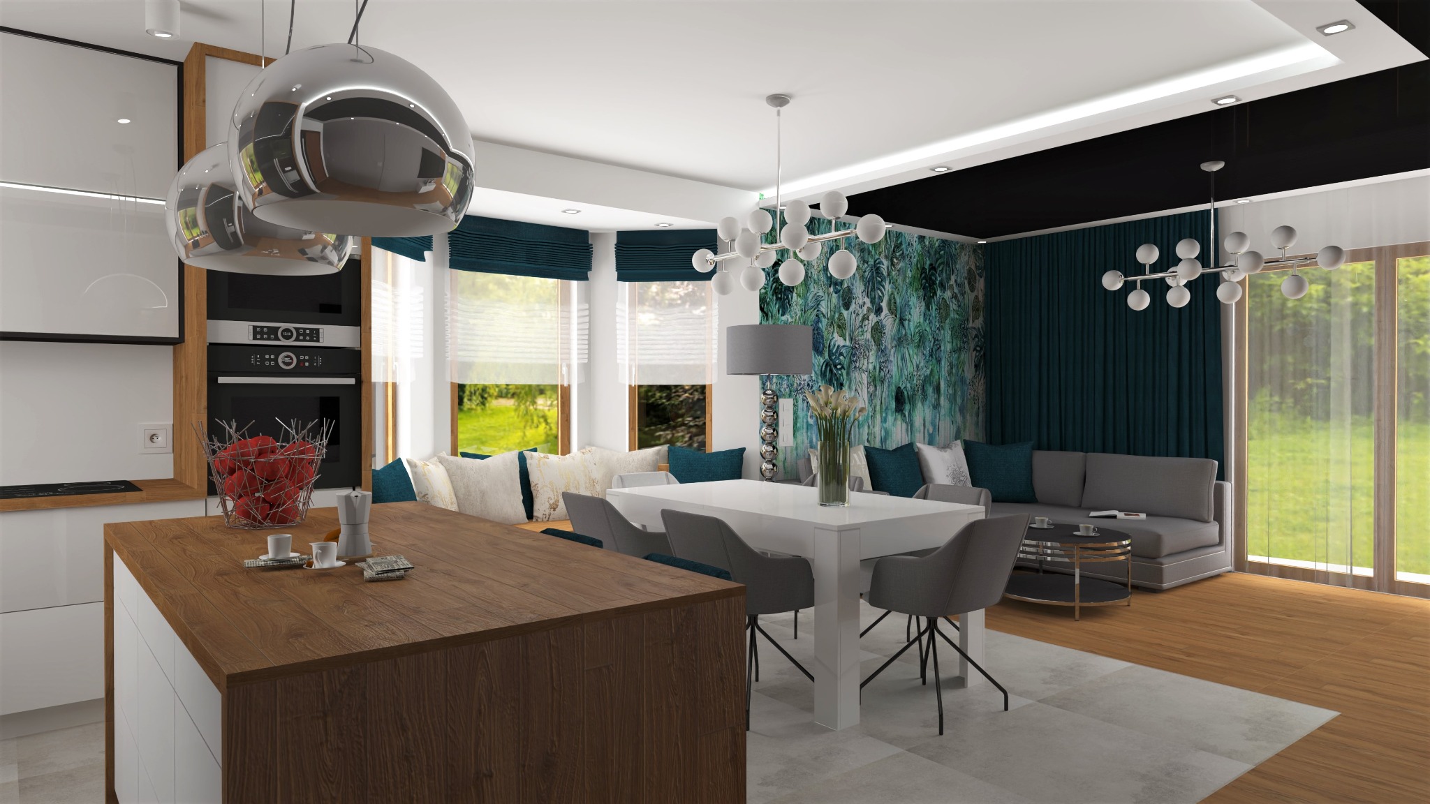 Wizualizacja przestronnego wnętrza: kuchnia z drewnianym blatem i wyspą, jadalnia z białym stołem i szarymi krzesłami, salon z szarą sofą i wzorzystą tapetą w odcieniach zieleni i błękitu, całość...