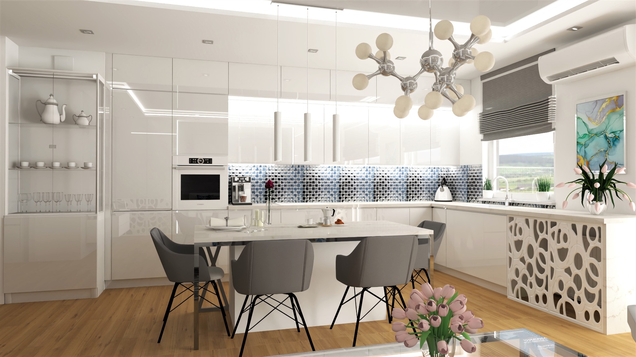 Nowoczesna, jasna kuchnia z połyskującymi białymi szafkami, mozaiką nad blatem, wyspą z szarymi krzesłami i designerską lampą sufitową w kształcie atomu.