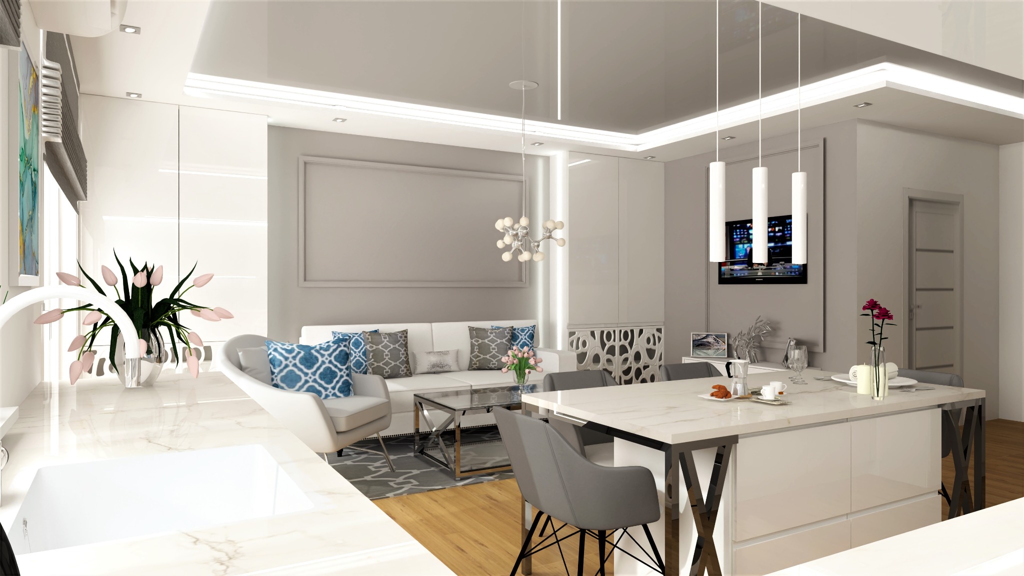 Wizualizacja nowoczesnego salonu z aneksem kuchennym, białe meble, marmurowy blat wyspy kuchennej, szare krzesła, sofa z dekoracyjnymi poduszkami w odcieniach błękitu i szarości, wiszące lampy...