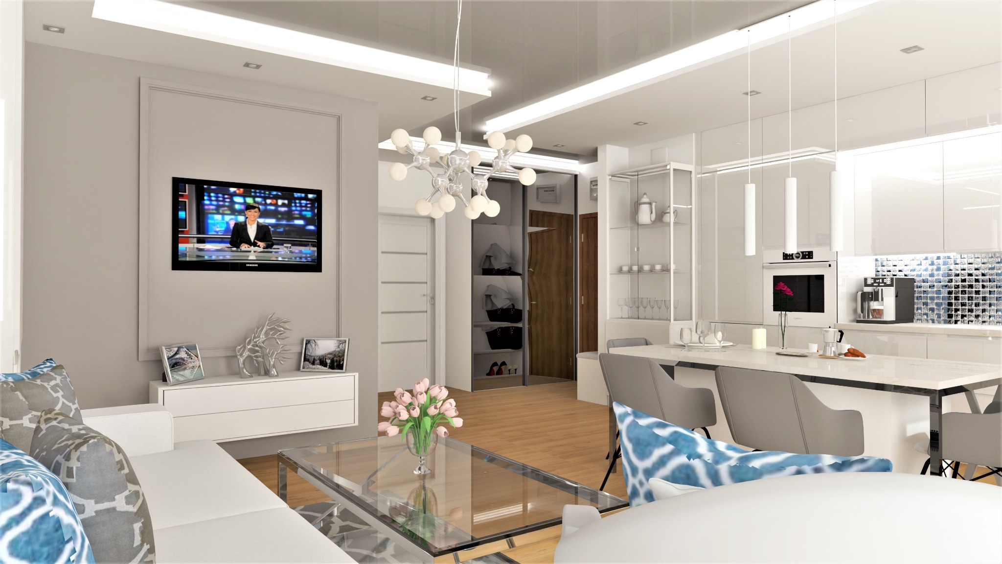 Wizualizacja jasnego, nowoczesnego wnętrza mieszkania z otwartą kuchnią, białymi meblami i drewnianą podłogą, akcentami szarości i błękitu, telewizorem w salonie i dekoracyjnym oświetleniem.