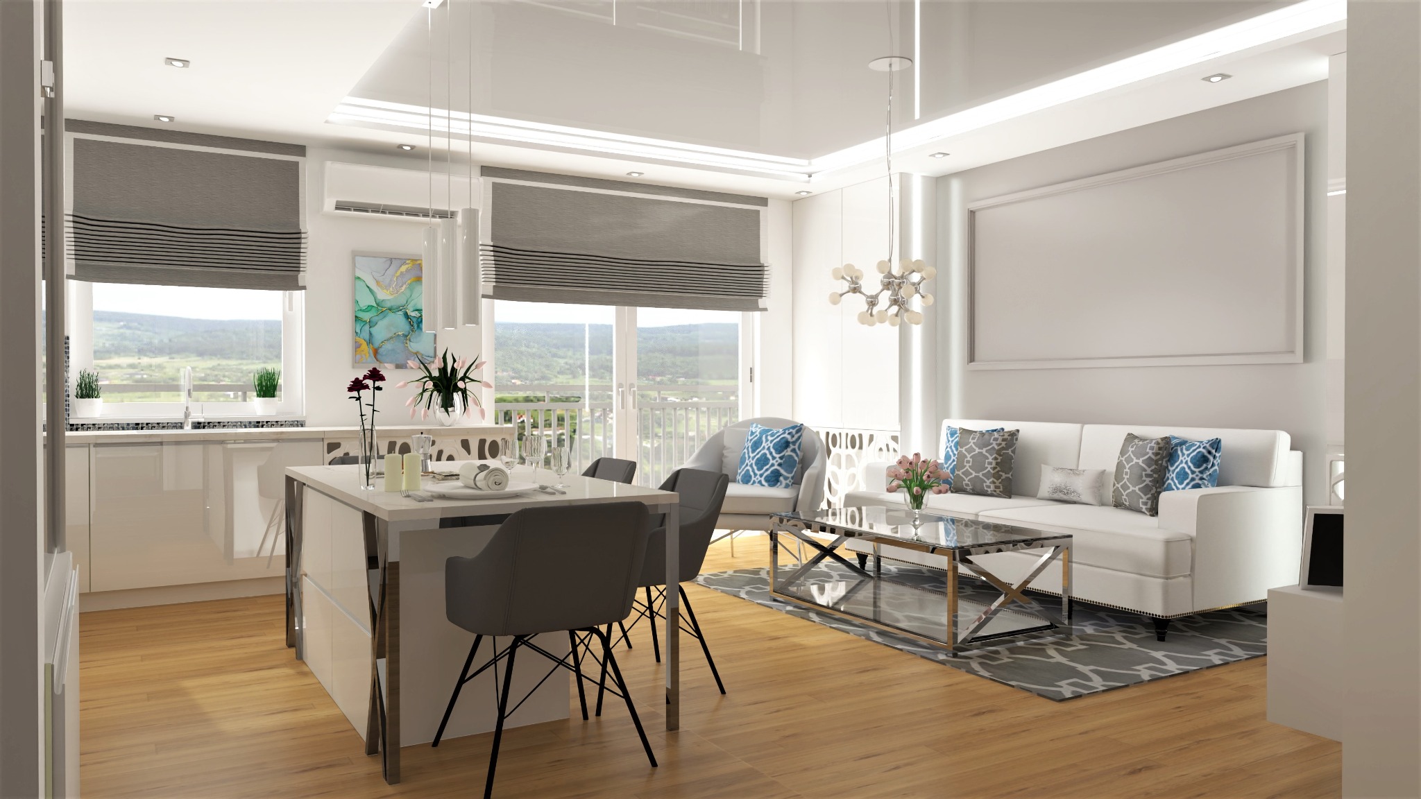 Wizualizacja nowoczesnego, jasnego wnętrza z otwartą kuchnią, wyspą i salonem, z widokiem na góry za oknem, szare rolety rzymskie i parkiet w odcieniach miodu.