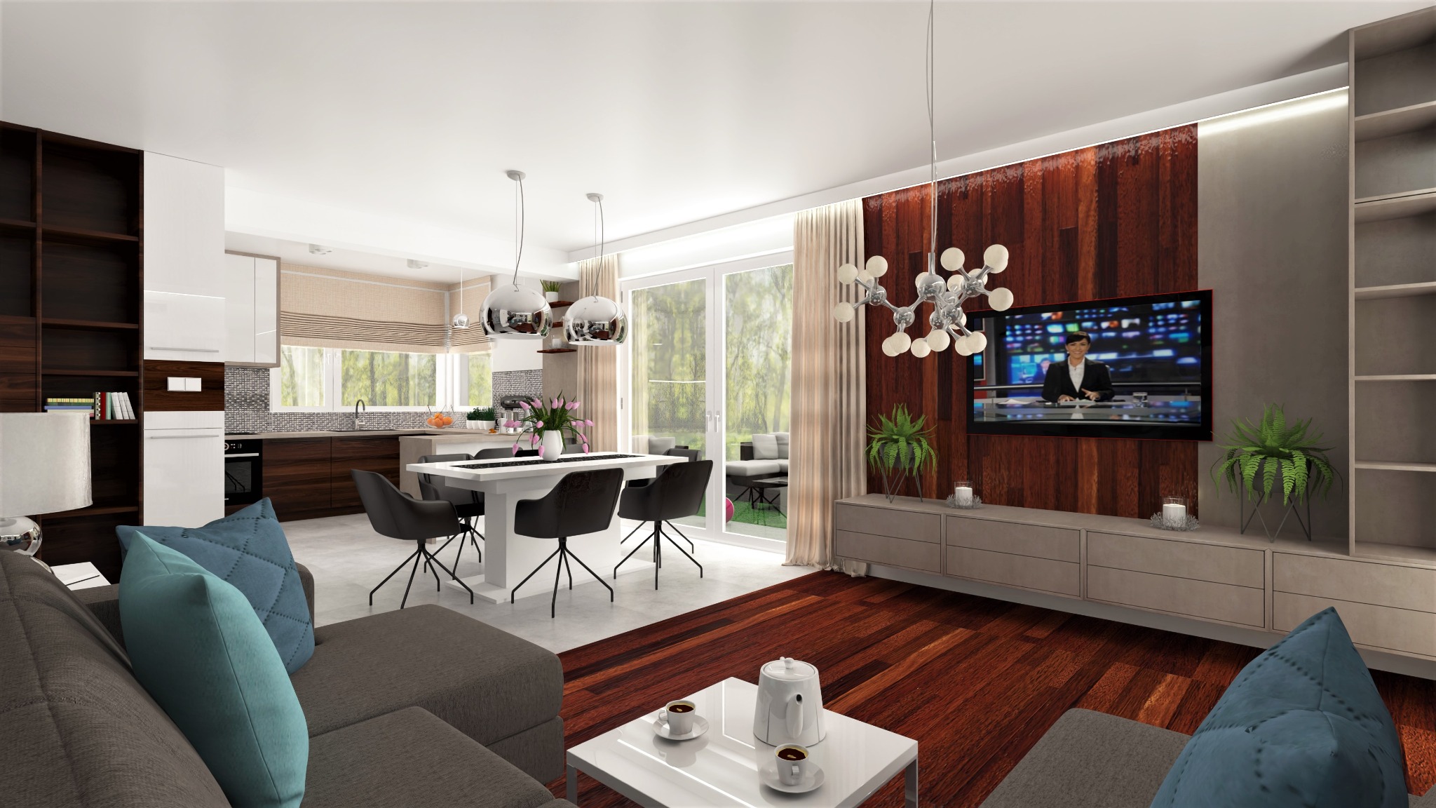Wnętrze domu z otwartą kuchnią, jadalnią i salonem w nowoczesnym stylu. Widoczne drewniane panele na ścianie za telewizorem, biały stół z czarnymi krzesłami, szara sofa z turkusowymi poduszkami...
