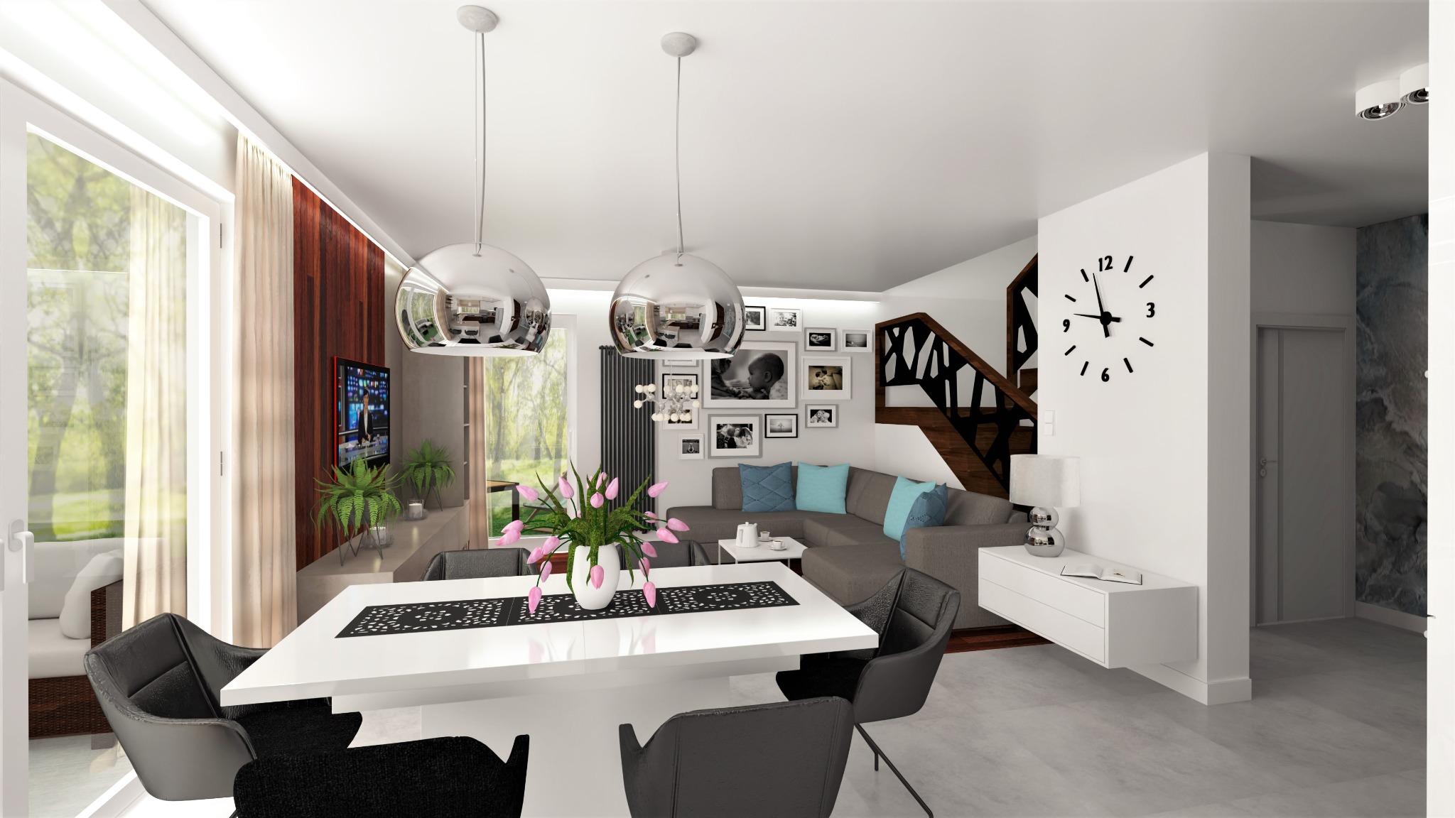 Wizualizacja salonu z jadalnią w nowoczesnym stylu: biały stół z czarnymi krzesłami, szara sofa z niebieskimi poduszkami, schody z ażurową balustradą i dekoracyjna galeria zdjęć na ścianie.