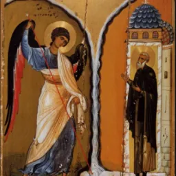 Ikona przedstawiająca archanioła z czarnymi skrzydłami, trzymającego czerwoną linę, oraz świętego w czarnych szatach stojącego obok budynku z kopułą zwieńczoną krzyżem, na złotym tle z pęknięciami.