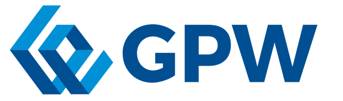Niebieskie logo GPW na białym tle, składające się z geometrycznego symbolu po lewej i napisu 'GPW' po prawej.