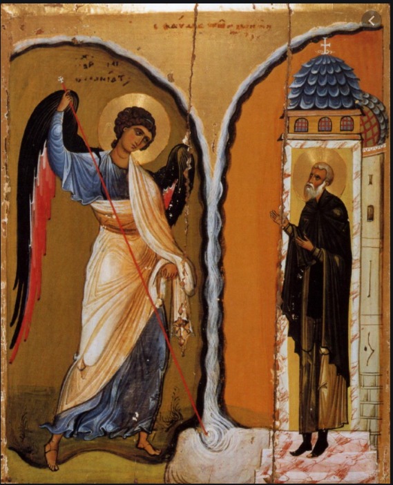 Ikona przedstawiająca archanioła z czarnymi skrzydłami, trzymającego czerwoną linę, oraz świętego w czarnych szatach stojącego obok budynku z kopułą zwieńczoną krzyżem, na złotym tle z pęknięciami.