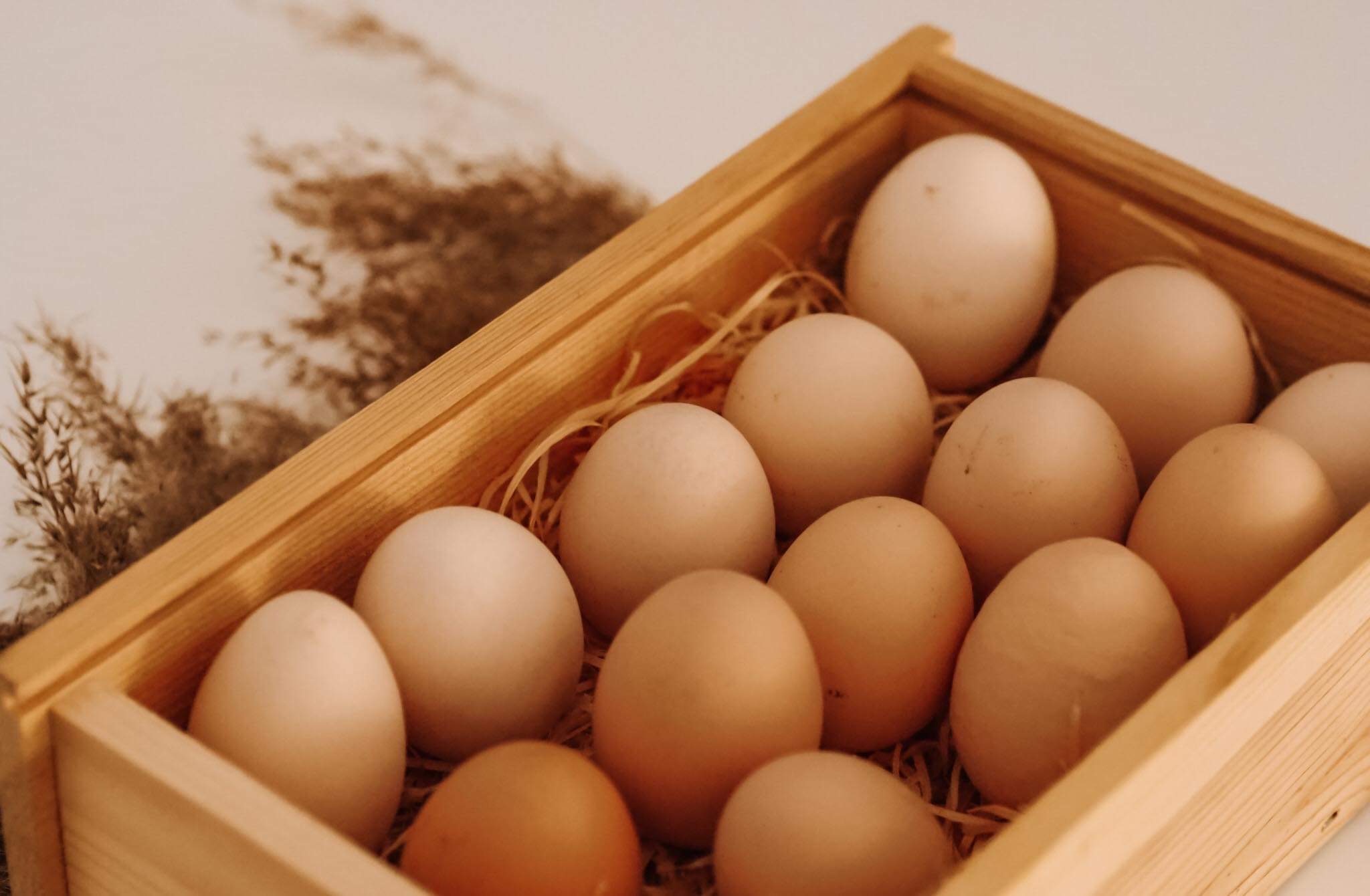 Świeże kurze jaja w drewnianej skrzynce wyłożonej sianem, delikatne oświetlenie, widoczne cienie, w tle dekoracja z suszonych traw.