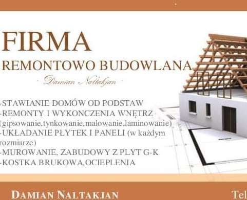 Grafika reklamowa firmy remontowo-budowlanej z wizualizacją domu w trakcie budowy dachu na tle planów architektonicznych.