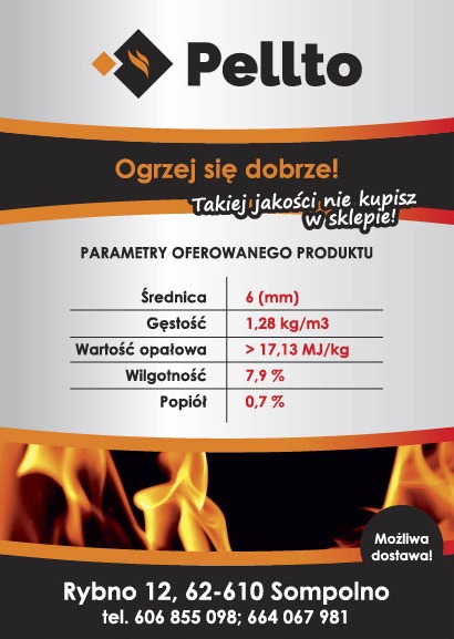 Ulotka reklamowa pelletu Pellto z parametrami produktu, adresem i numerami telefonów, na czarno-pomarańczowym tle z płomieniami.