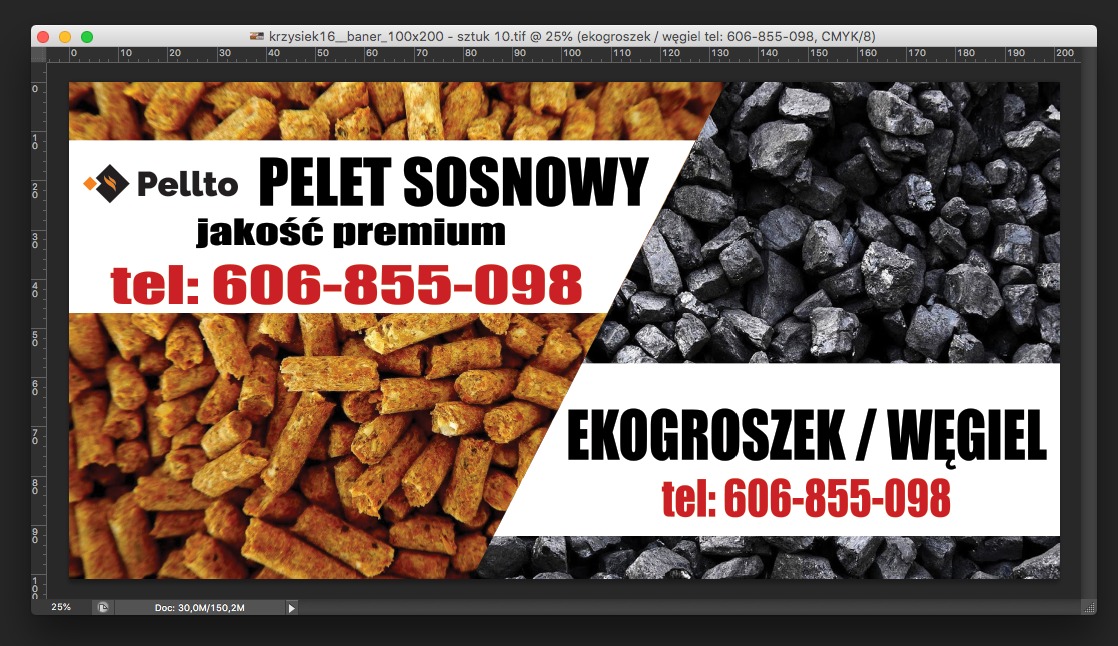 Baner reklamowy przedstawiający pellet sosnowy i ekogroszek/węgiel, z logo firmy Pellto i numerem telefonu kontaktowym.