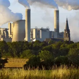 Elektrownia węglowa z kominami emitującymi dym, widoczna zza drzew i znaków drogowych, z kościołem w tle.