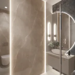 Nowoczesna łazienka z marmurowymi ścianami podświetlonymi listwami LED, okrągłe lustro z podświetleniem, umywalka nablatowa i wisząca toaleta.