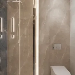 Nowoczesna łazienka z kabiną prysznicową typu walk-in, wykończona płytkami imitującymi marmur w odcieniach beżu i szarości, z podświetleniem LED wzdłuż krawędzi kabiny i minimalistyczną toaletą...