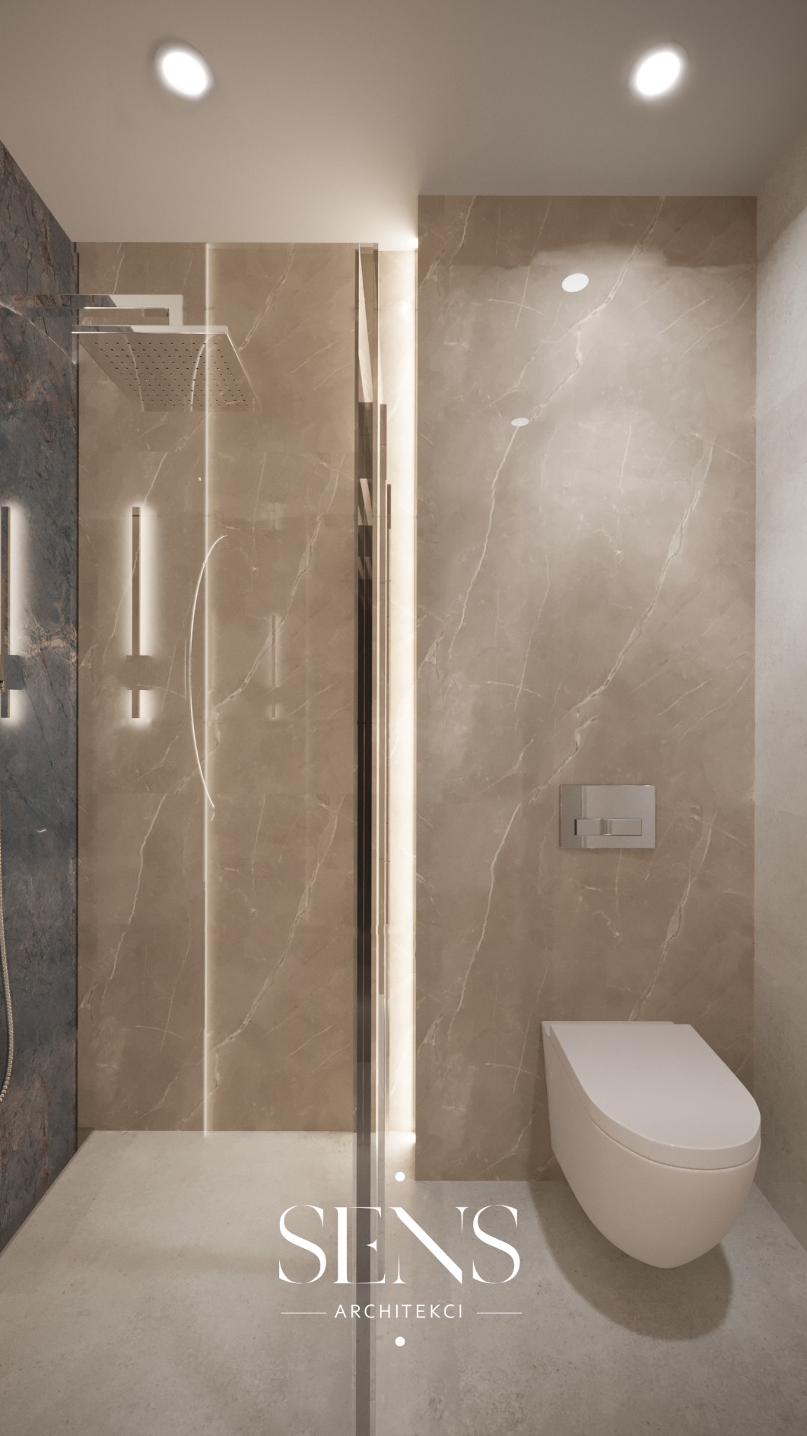 Nowoczesna łazienka z kabiną prysznicową typu walk-in, wykończona płytkami imitującymi marmur w odcieniach beżu i szarości, z podświetleniem LED wzdłuż krawędzi kabiny i minimalistyczną toaletą...