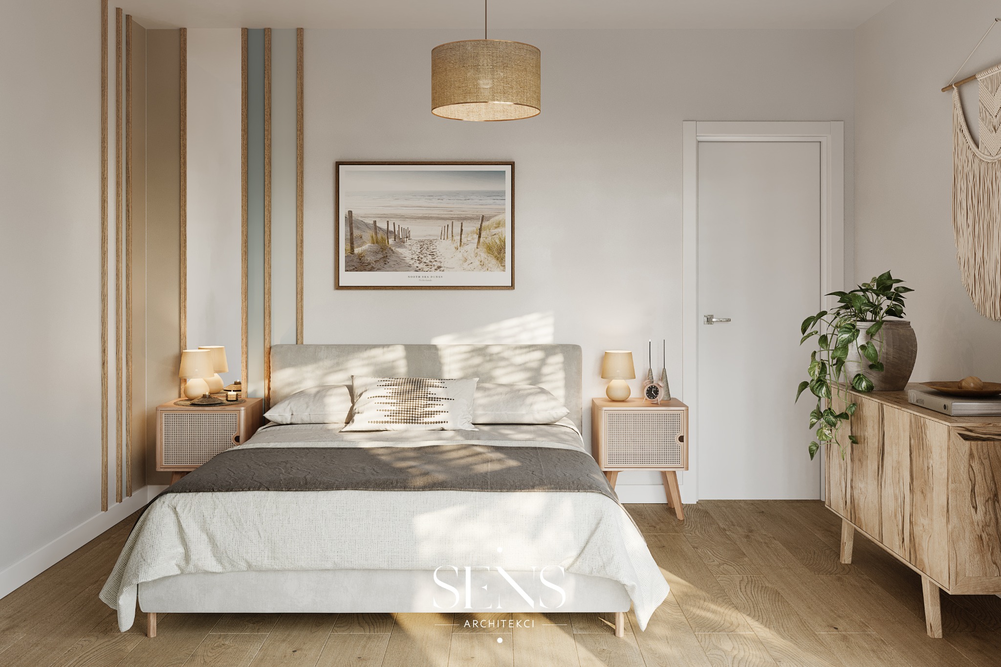Jasna sypialnia w stylu skandynawskim z łóżkiem, szafkami nocnymi z plecionką rattanową, drewnianą komodą z rośliną i obrazem nad wezgłowiem