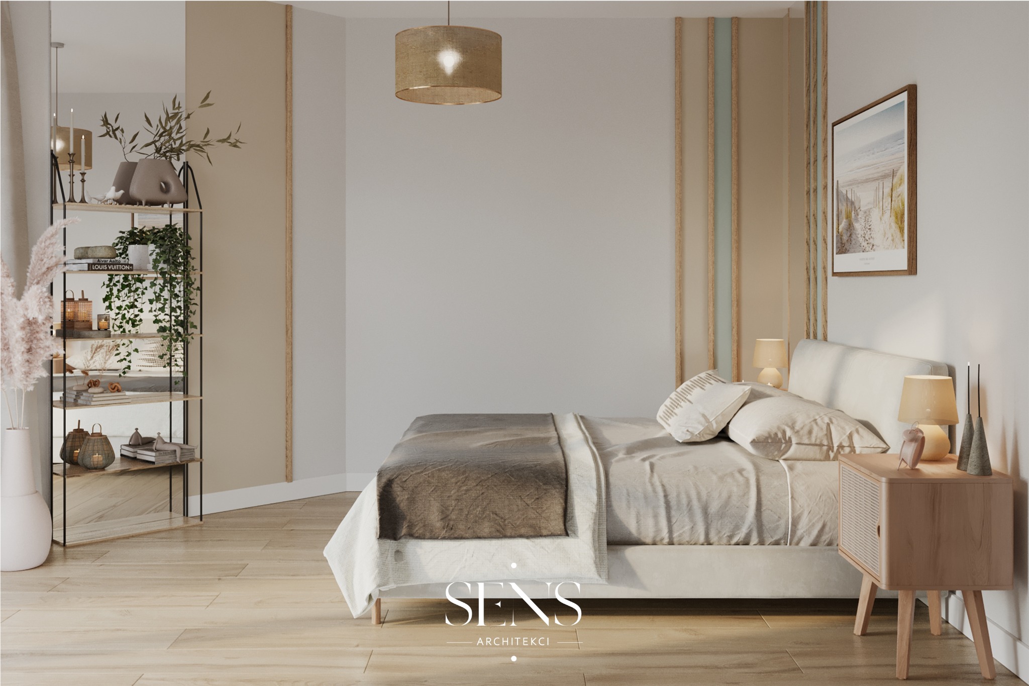 Jasna sypialnia z drewnianą podłogą, łóżkiem z beżową pościelą, szafką nocną z lampką, półką z dekoracjami i obrazem plaży na ścianie.