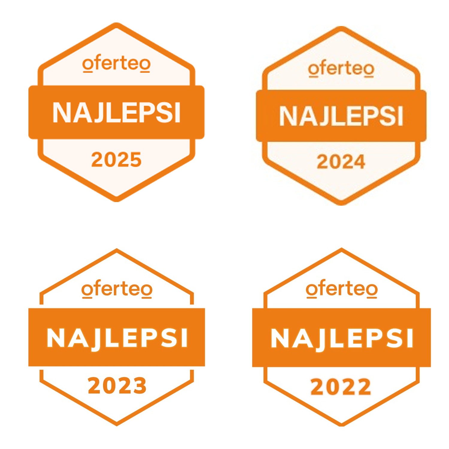 Zestaw czterech pomarańczowych odznak 'Oferteo Najlepsi' z różnymi latami: 2022, 2023, 2024 i 2025. Grafika wektorowa na białym tle.