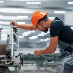Pracownik w pomarańczowym kasku pochylony nad maszyną w hali produkcyjnej, regulacja ustawień.