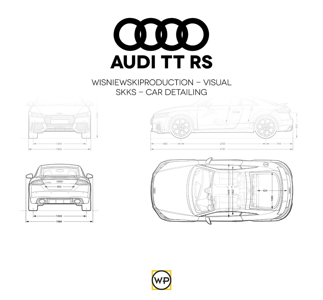 Czarno-biały schemat techniczny Audi TT RS z wymiarami z różnych perspektyw, logo firmy detailingowej w dolnym rogu.