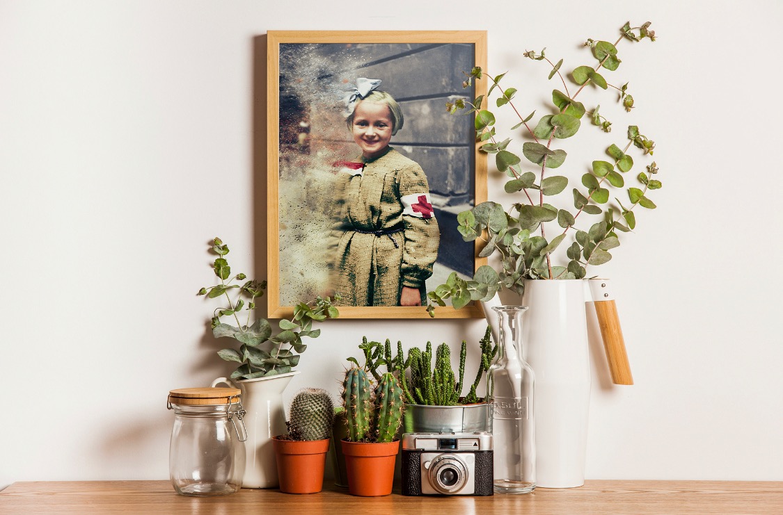 Stylizowana martwa natura z oprawionym, postarzanym zdjęciem dziewczynki w mundurze sanitariuszki z czerwonym krzyżem, otoczonej roślinami w doniczkach i wazonach, oraz starodawnym aparatem...