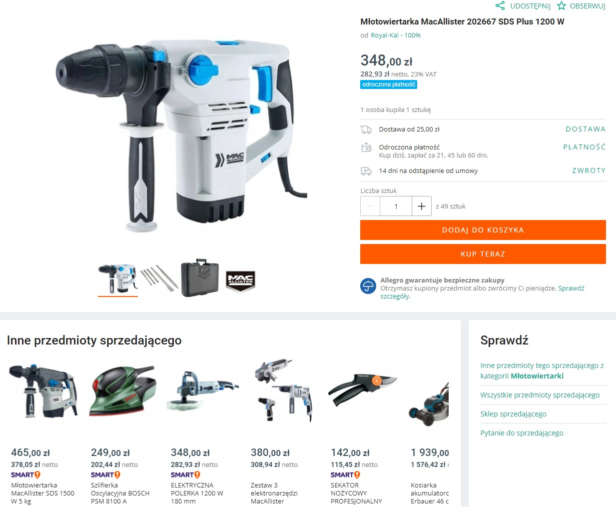 Młotowiertarka MacAllister SDS Plus 1200 W, biało-czarno-niebieska, z dodatkowymi akcesoriami i walizką, prezentowana na białym tle w sklepie internetowym.