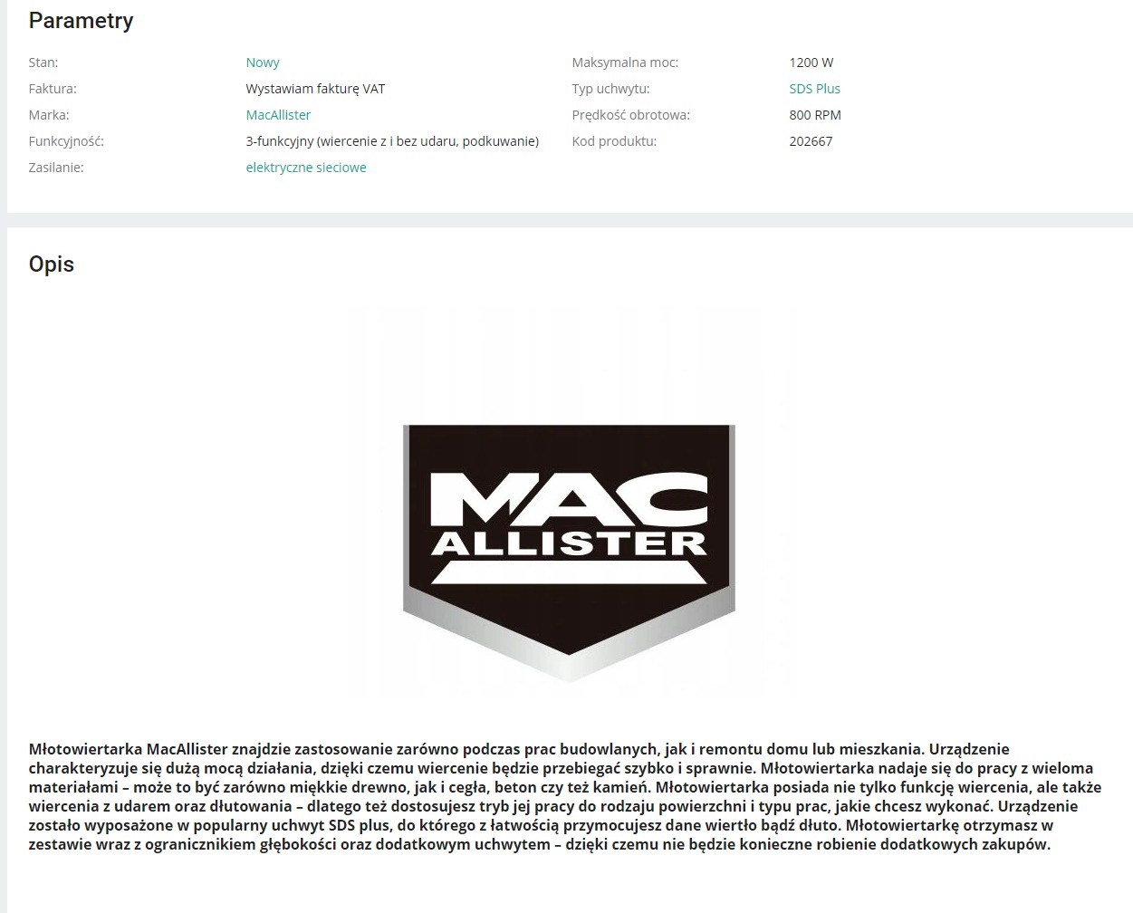 Informacje o młotowiertarce MacAllister: parametry techniczne (moc, typ uchwytu, prędkość obrotowa, kod produktu) oraz opis zastosowania podczas prac budowlanych i remontowych.