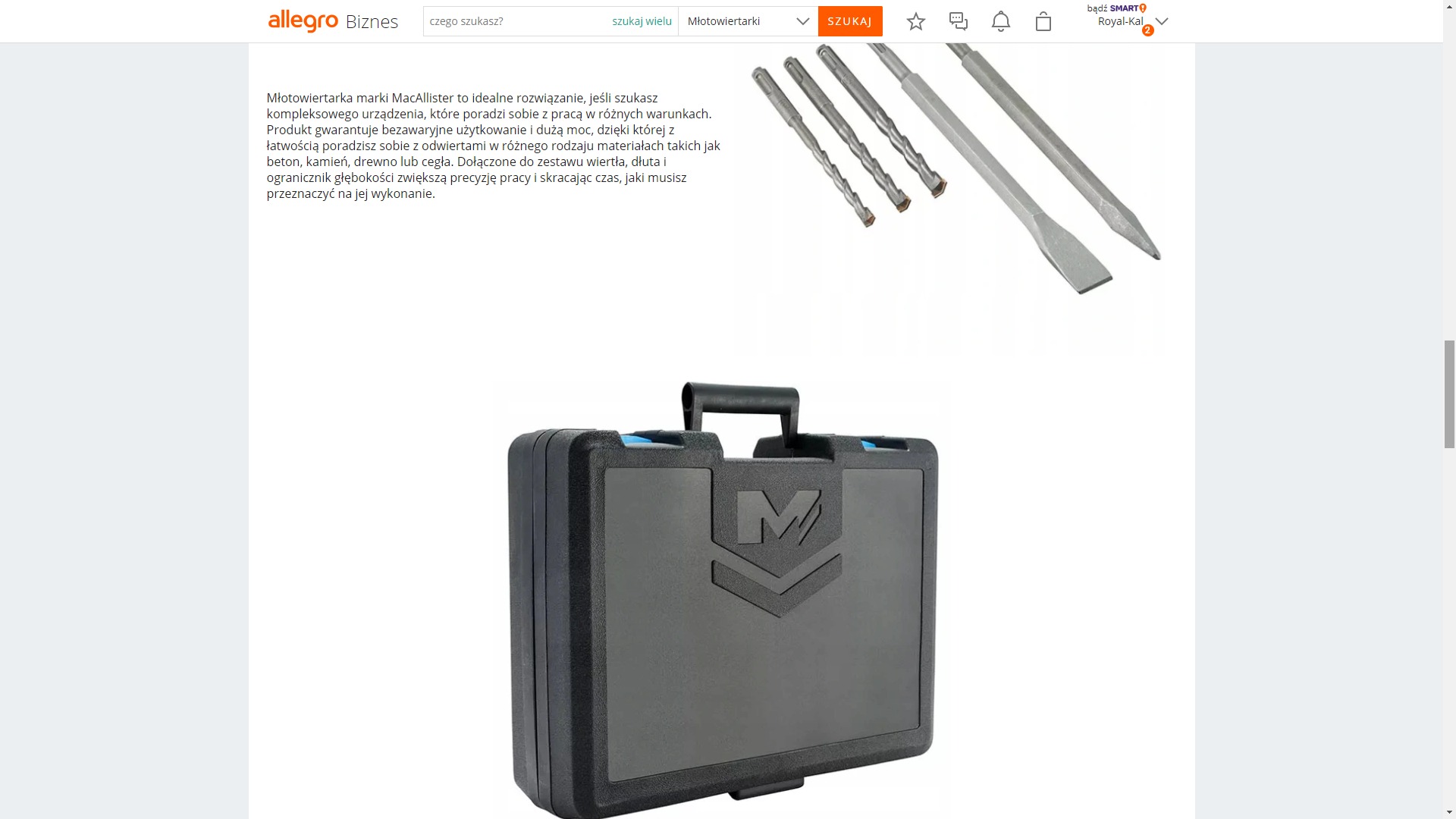 Zestaw wierteł i dłut do młotowiertarki marki MacAllister, wraz z czarną walizką z logo producenta, na białym tle.