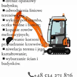Grafika reklamowa przedstawiająca pomarańczową mini-koparkę na tle listy usług i numerów telefonów kontaktowych.