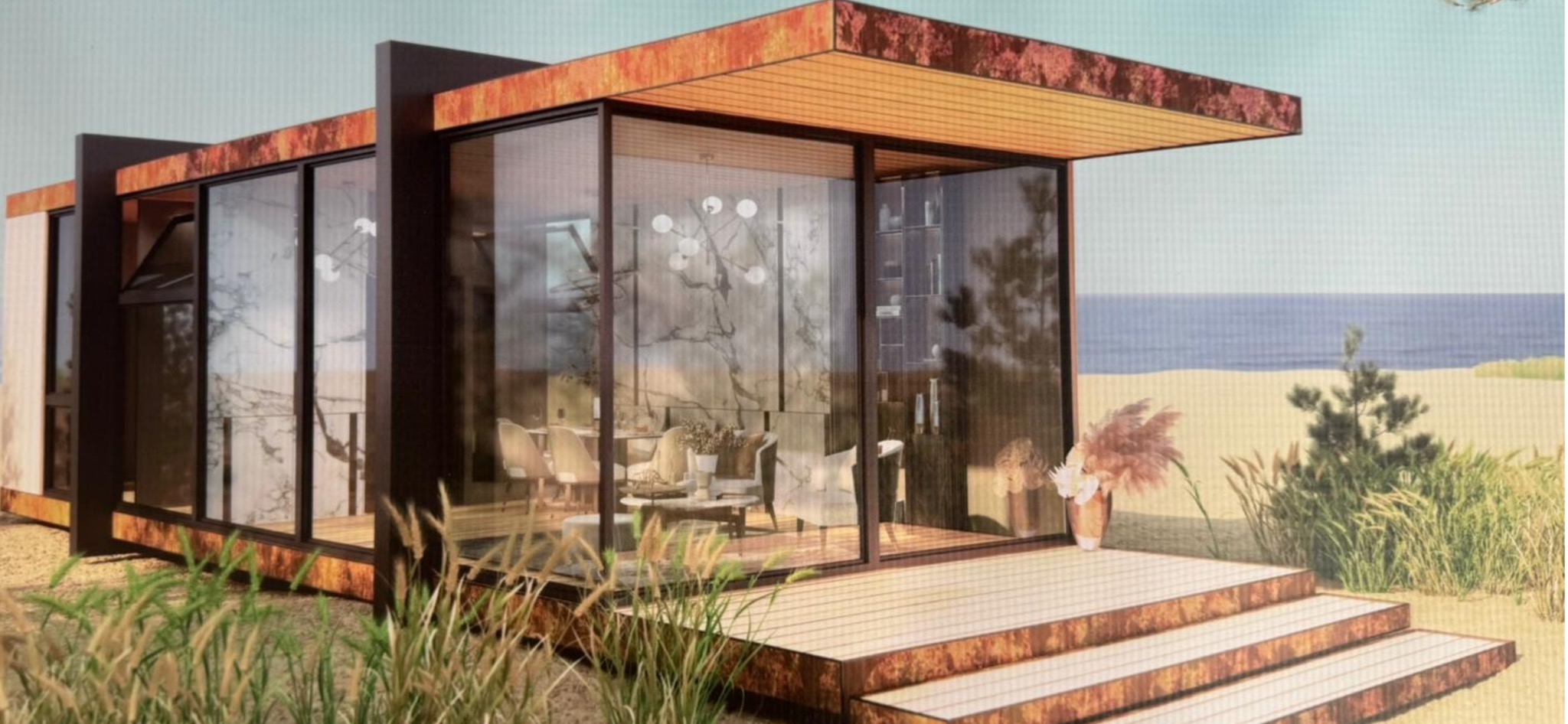 Wizualizacja nowoczesnego domu modułowego z dużymi przeszkleniami, rustykalnym wykończeniem dachu i tarasu, z widokiem na plażę i morze.