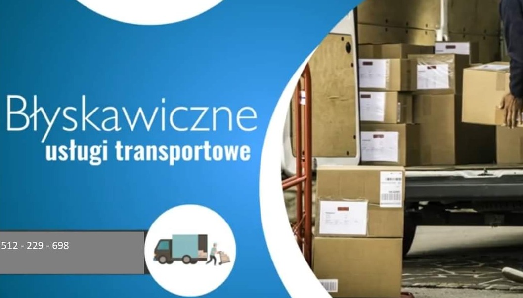 Załadunek kartonów do busa transportowego, widoczny tekst 'Błyskawiczne usługi transportowe' oraz numer telefonu.