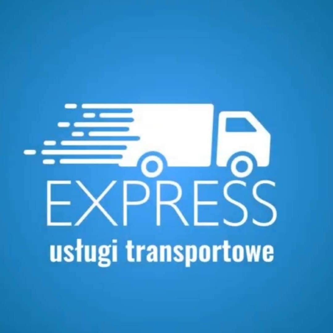 Grafika z białym, stylizowanym busem na niebieskim tle, z napisem 'EXPRESS usługi transportowe', promująca szybkie usługi transportowe w Nowym Korczynie.