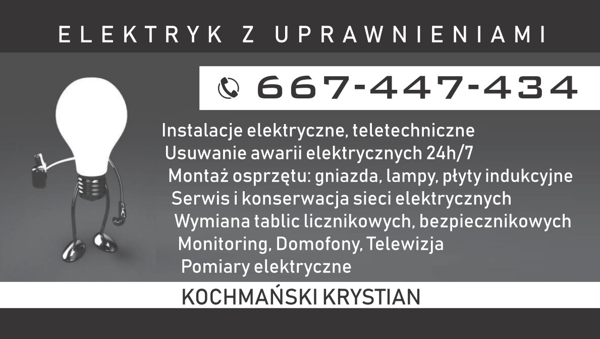 Grafika reklamowa elektryka z numerem telefonu, listą usług i postacią żarówki z rękami i nogami.