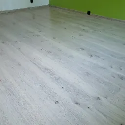 Jasnoszare panele podłogowe imitujące drewno, ułożone w nowym pomieszczeniu z zieloną ścianą i widocznymi gniazdkami elektrycznymi.