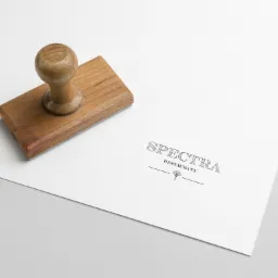Drewniany stempel obok kartki z minimalistycznym logo 'SPECTRA Restaurant' w górnym prawym rogu, na neutralnym tle.