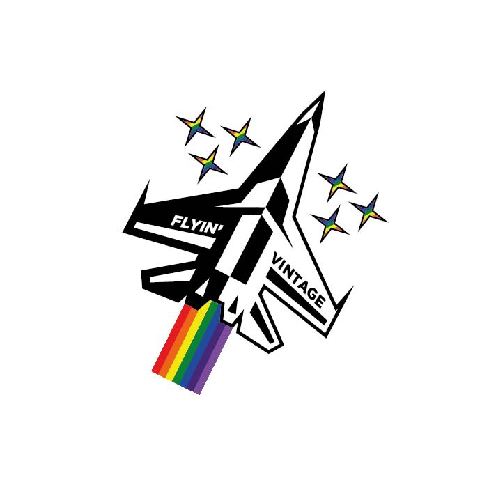 Graficzne logo sklepu Vintage w Krakowie przedstawiające stylizowany samolot odrzutowy z tęczową smugą i gwiazdami w kolorach tęczy.