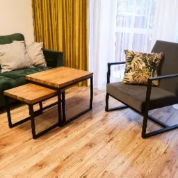 Nowoczesny salon z zieloną sofą, drewnianymi stolikami kawowymi z czarnymi metalowymi nogami oraz szarym fotelem z poduszką w liście na drewnianej podłodze.