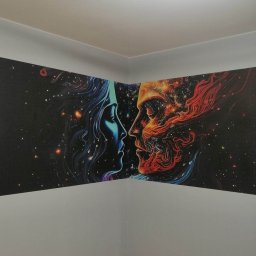 Kamil Kozuba - Abstrakcyjna tapeta w rogu pokoju przedstawiająca profil kobiety w odcieniach niebieskiego i mężczyzny w odcieniach czerwieni na tle kosmosu.