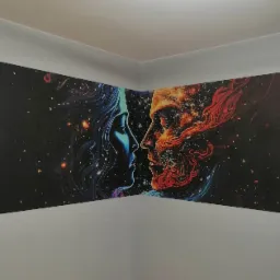 Abstrakcyjna tapeta w rogu pokoju przedstawiająca profil kobiety w odcieniach niebieskiego i mężczyzny w odcieniach czerwieni na tle kosmosu.