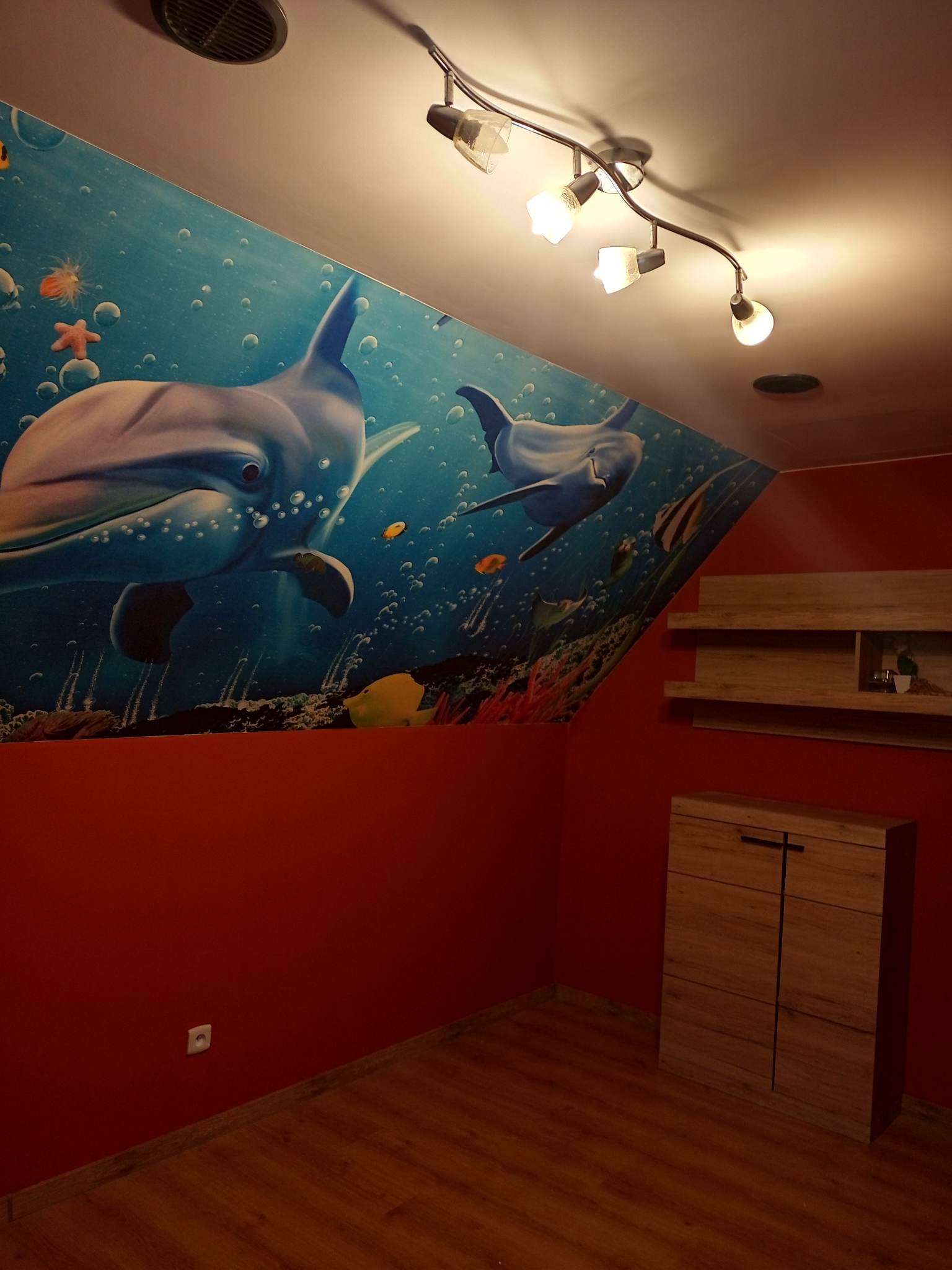 Pokój z czerwoną ścianą, drewnianą podłogą i szafką, oświetlony reflektorem. Na ścianie fototapeta z motywem podwodnego świata i delfinami.