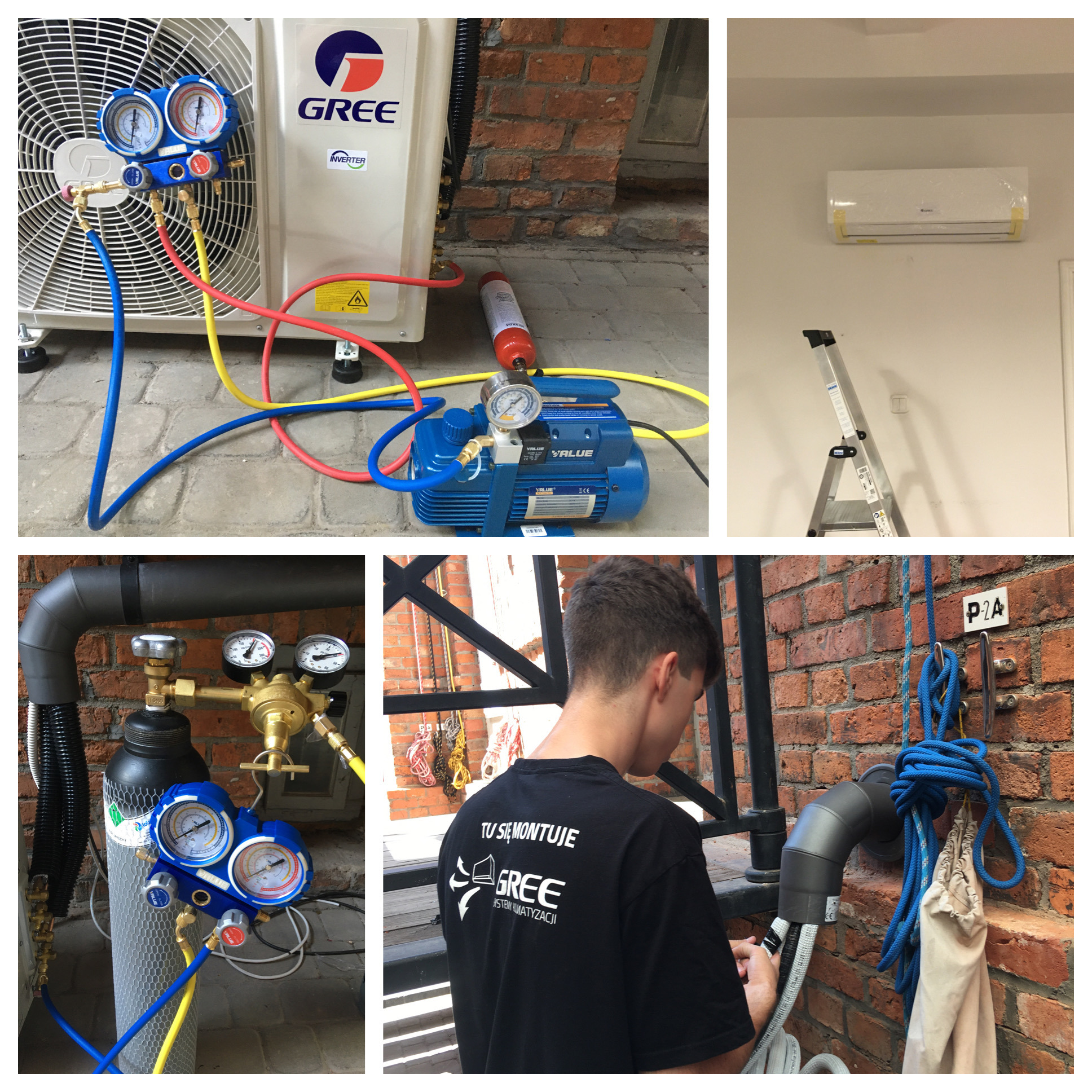 Montaż klimatyzacji: Manometry podłączone do jednostki zewnętrznej Gree, butla z gazem, pompa próżniowa, instalacja jednostki wewnętrznej na ścianie, pracownik w koszulce z logo firmy montującej.
